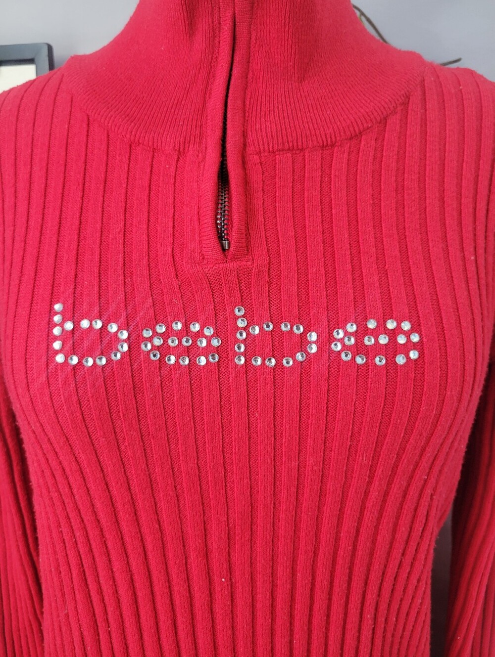 Bebe Ribbed Logo Embellished Rhinestone 1/4 Zip Sweater Red XL - Picture 3 of 11
